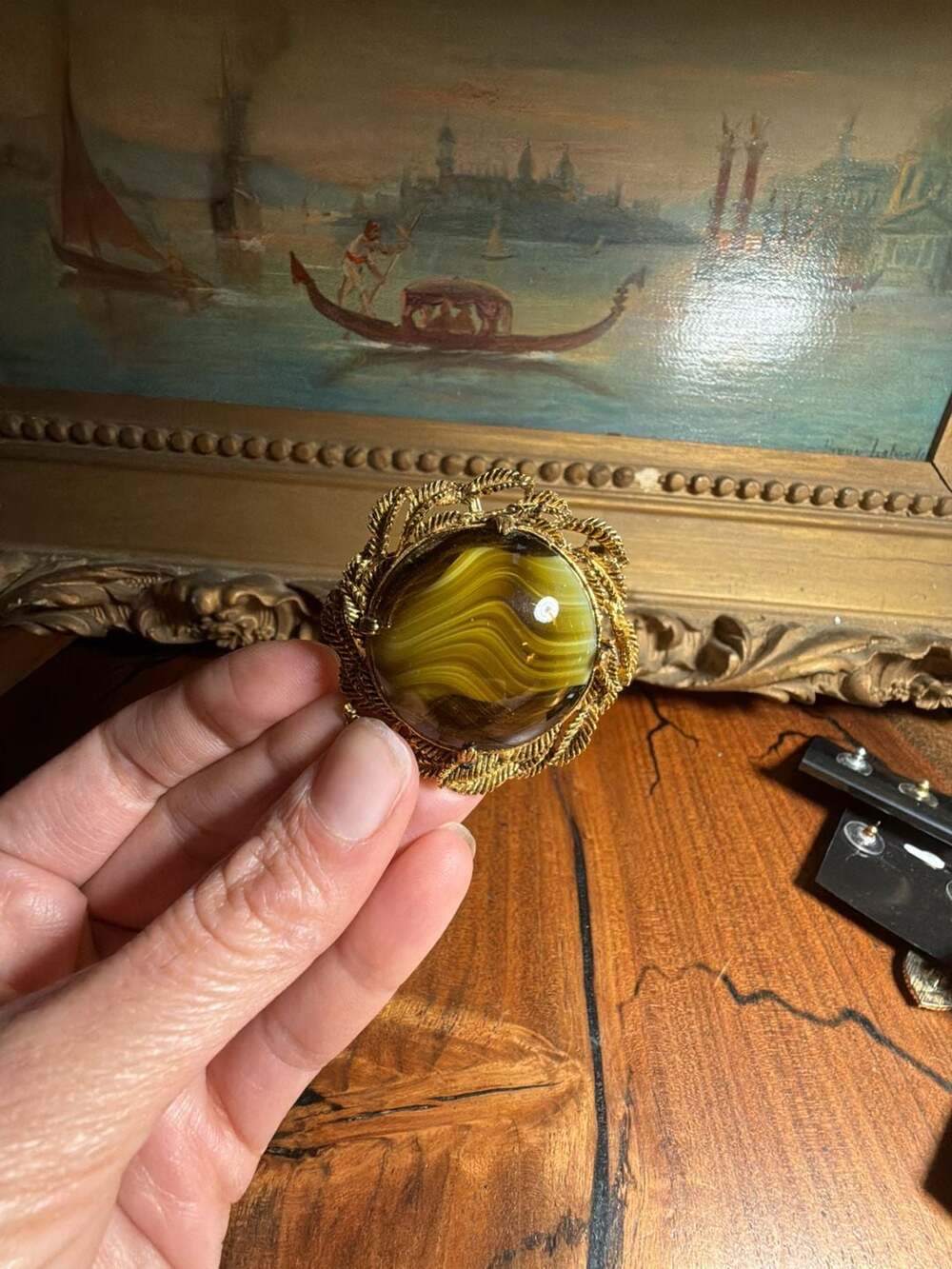 Vintage West Germany Gold-Tone Filigree Brooch with Brown Porphyry Glass Cabocho